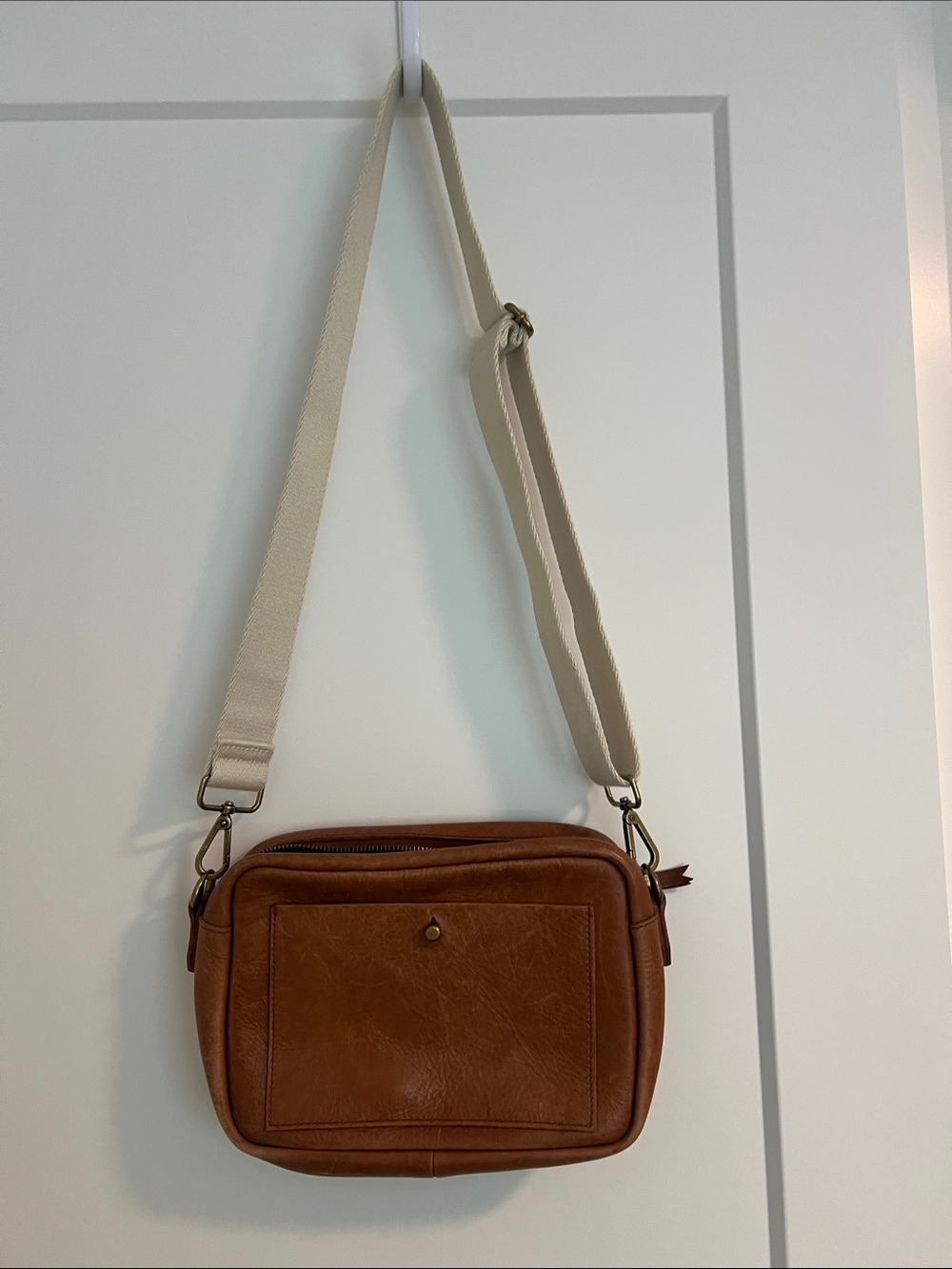 Brown Leather Crossbody Bag with Cream Canvas Strap